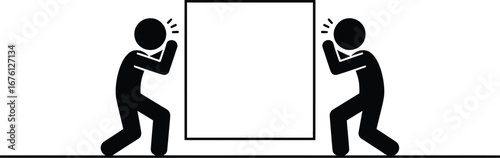 Teamwork concept stick figures carrying square box together vector