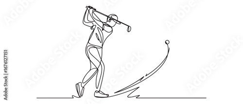 One single line drawing of young sporty golf player hit the ball using golf club graphic vector illustration. Healthy sport concept. Vector black silhouette. with white background