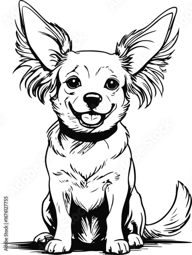black and white line art Sitting dog with floppy ears, minimal hand-drawn doodle line art