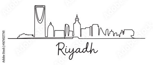 One continuous line drawing Riyadh city skyline, Saudi Arabia. Beautiful landmark postcard. World landscape tourism travel vacation. Vector black silhouette. with white background