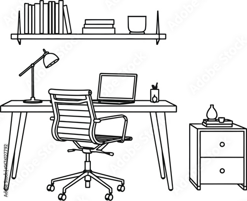 Home office setup illustration with desk chair and plant art