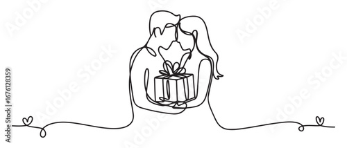 Single continuous line drawing couple holding packaged present together. Romantic surprise gift box. Vector black silhouette. with white background