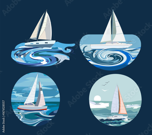 A set of four unique vector illustrations, each depicting a sailboat on the water in a different style. The designs include modern, abstract, and detailed scenic views