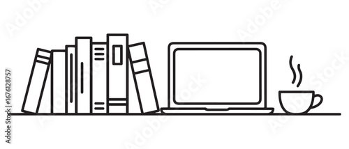 One continuous line drawing of stack of books line up with computer laptop, book and a cup of coffee. Vector black silhouette. with white background