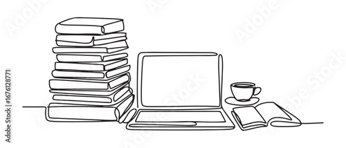 One continuous line drawing of stack of books line up with computer laptop, book and a cup of coffee. Vector black silhouette. with white background
