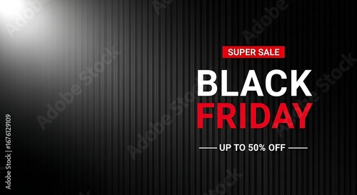 Black friday super sale with up to 50 off, spotlight on a dark ribbed background
