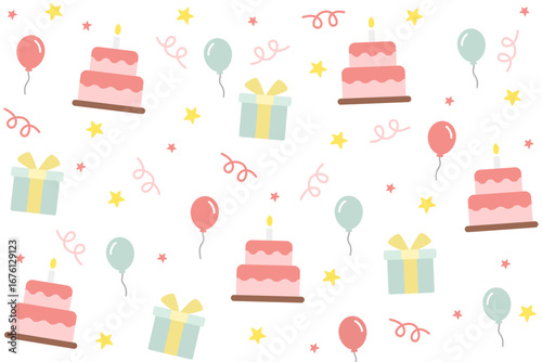 Colorful pastel birthday pattern with cake, gifts, balloons, and confetti on off-white background. Great for greeting cards, stationery, or wrapping paper.