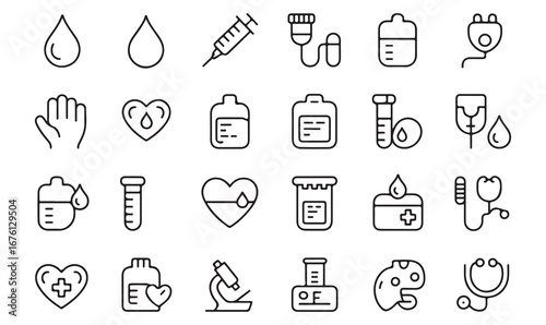 Medical and blood donation line icons set with syringe, drop, pill, stethoscope, test tube, and microscope for healthcare and treatment design