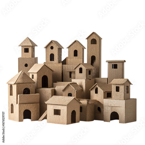 Cardboard houses forming a miniature cityscape on white background.