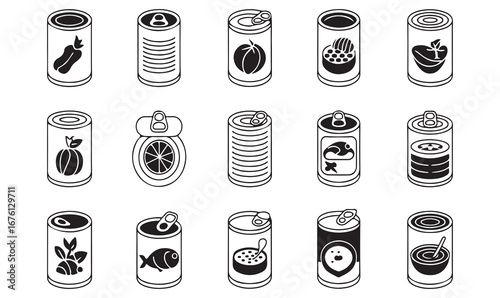 Minimal canned food icons pack of tin, vegetables, fruits, fish, meat, soup, and preserved goods for food industry and storage design