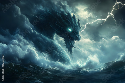 Epic cinematic scene of a mythical sea dragon in a stormy ocean