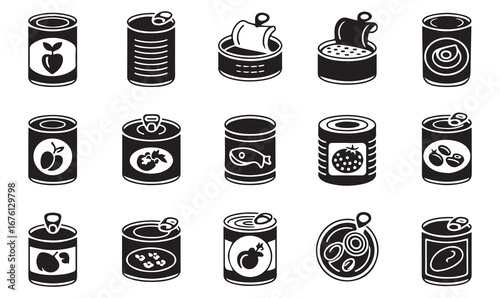 Outline vector icons of canned food, tin, storage, vegetables, fruits, and meal preparation for kitchen and grocery packaging concepts