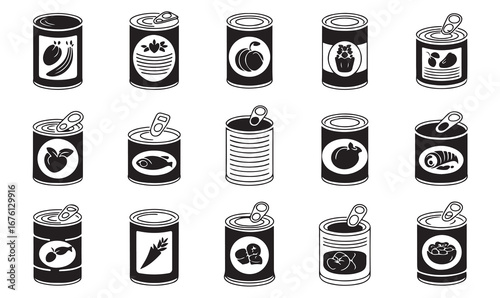Canned food icons set with vegetables, fruits, meat, fish, soup, and preserved goods for grocery, packaging, and nutrition design