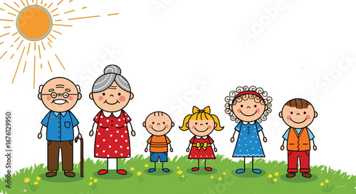 Happy Family with Grandparents, Children and Sunlight, Smiling Generations, Family Bonding in the Park, Joyful Moment Together