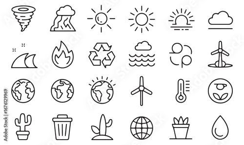 Environment and climate outline icons set including recycle, globe, cactus, tornado, sun, fire, and weather elements for ecology design