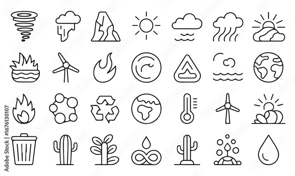 Obraz premium Minimal climate and weather icons pack of tornado, cloud, rain, sun, fire, water drop, and thermometer for environment and ecology design