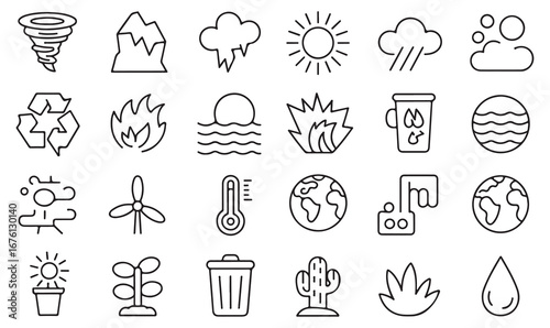Outline vector icons of climate, environment, weather, tornado, cloud, sun, recycle, and globe concepts for sustainability and nature design
