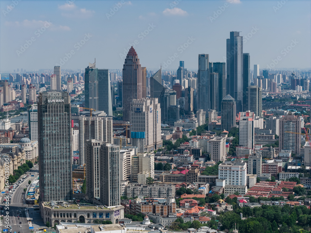 Obraz premium Aerial view of Tianjin city skyline at dusk time, Tianjin, China