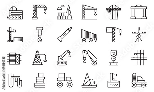 Outline vector icons of cranes, machinery, excavators, tractors, and construction tools for engineering and industrial design concepts