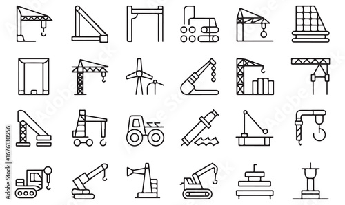 Heavy equipment and construction outline icons including crane, hook, loader, scaffolding, and machinery for architecture and building design