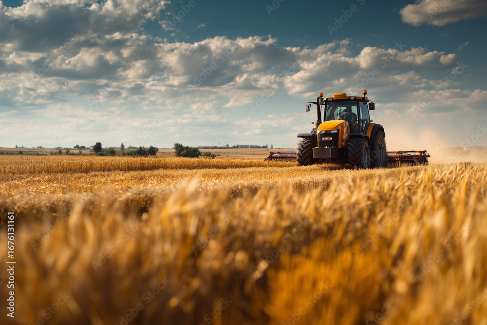 Fototapeta premium Tractor harvesting wheat in wide field.