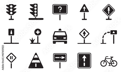 Minimal line icons pack of traffic lights, caution signs, bicycle path, car, and direction arrow for road safety and transportation design
