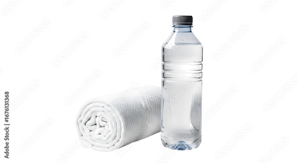 Rolled white towel and bottle of water isolated on Transparent background Rolled white towel and bottle of water isolated on Transparent background