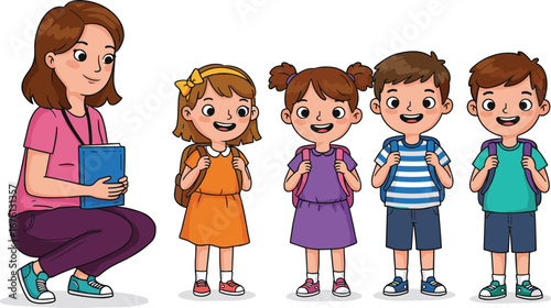 Smiling Children with Backpacks and Teacher Happy Kids Ready for School, Bright Clothing, Positive Learning Environment