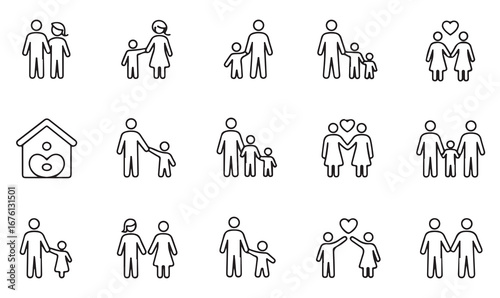 Minimal family line icons pack of parents, children, couple, parenting, and love for people, care, and togetherness design