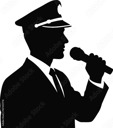 Silhouette of a man in a uniform and cap speaking into a microphone, isolated on transparent background