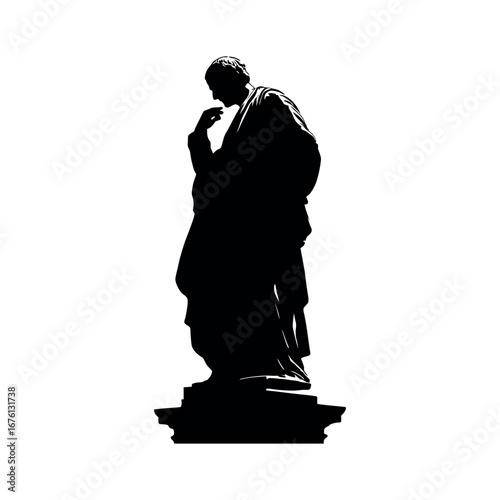 Silhouette of a statue depicting a man in robes with his hand to his face in a pensive pose on white