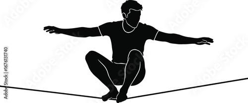 Silhouette of a man crouching on a tightrope with arms outstretched, isolated on transparent background