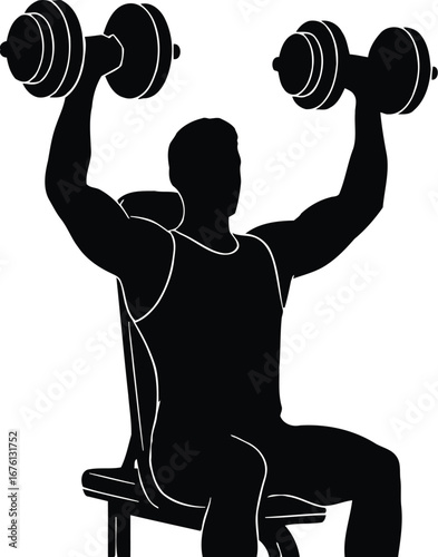 Silhouette of a man lifting dumbbells while sitting on a bench, isolated on transparent background