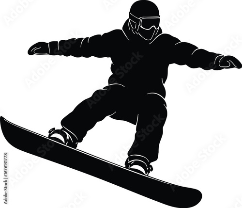 Silhouette of a snowboarder in action, isolated on transparent background