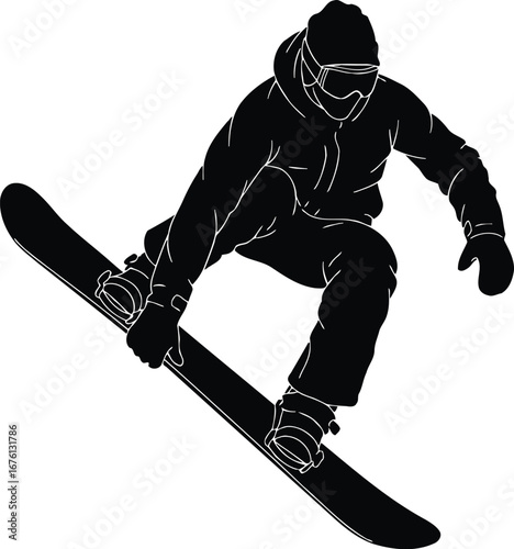 Silhouette of a snowboarder in action on a snowboard, isolated on transparent background