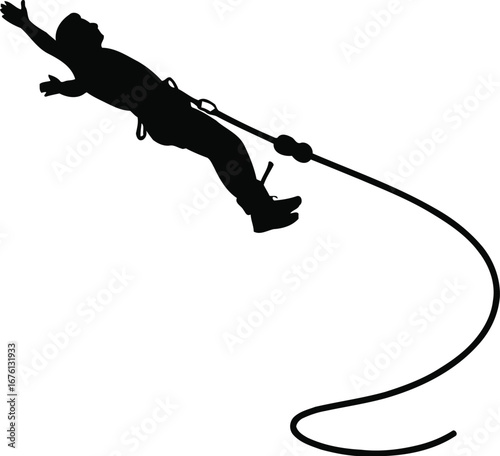 Bungee jumper silhouette falling with a rope attached, isolated on transparent background