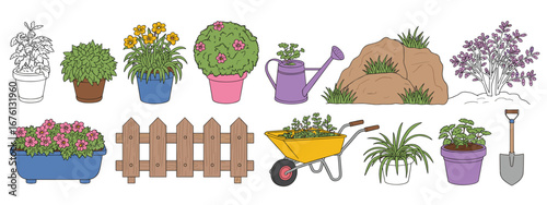 Collection of garden elements and plants in pots and planters Keywords: gardening, plants, flowers, pots, watering