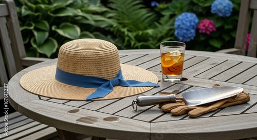Relaxing Garden Scene: Hat, Drink, and Gardening Tools on Wooden Table