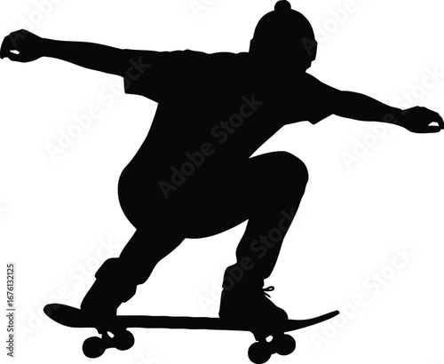 Silhouette of a skateboarder performing a trick, isolated on transparent background