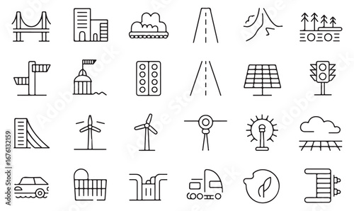 Minimal line icons pack of architecture, construction, urban planning, solar panels, wind turbines, and monuments for infrastructure design