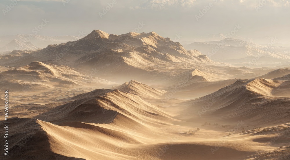 Naklejka premium Vast desert landscape at sunrise. Golden dunes and mountains stretch into the hazy distance. Soft light bathes the scene