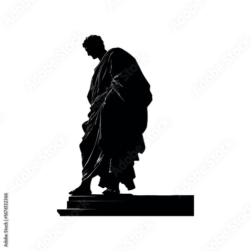 Silhouette of a man in a robe standing on a platform looking down in a contemplative or somber pose
