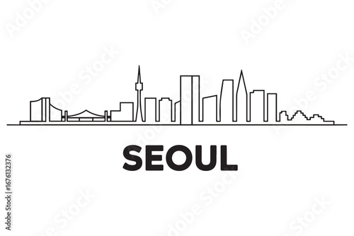 Minimal Vector Seoul City Linear Skyline with Typographic Design. Vector black silhouette. with white background