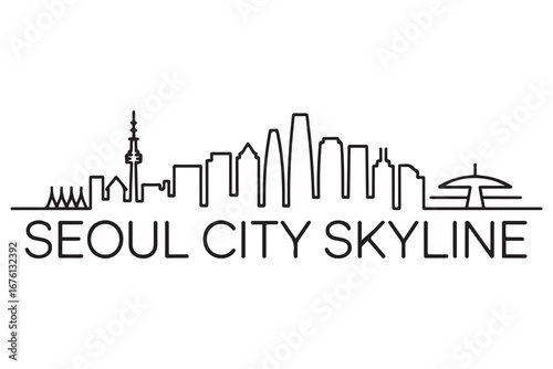 Minimal Vector Seoul City Linear Skyline with Typographic Design. Vector black silhouette. with white background