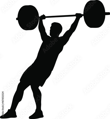 Silhouette of a man lifting a barbell overhead isolated on transparent background