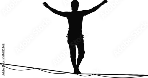 Silhouette of a person balancing on a tightrope with arms outstretched, isolated on transparent background