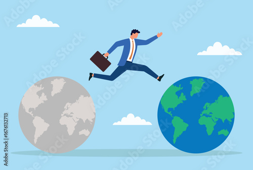 Vector illustration of a businessman leaping from a dull, lifeless globe to a bright, vibrant globe, symbolizing growth, opportunity, and global success
