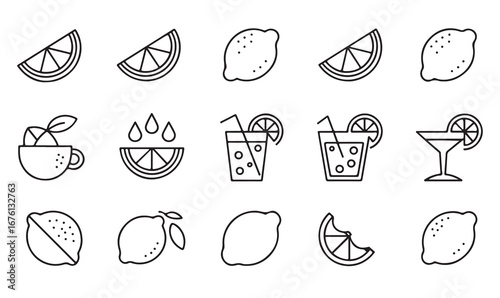 Vector icons of lemon, citrus fruit, slice, cocktail, juice, garnish, and tropical drink for food, beverage, and nutrition design