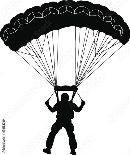Silhouette of a skydiver with an open parachute, isolated on transparent background