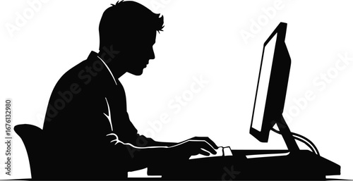 Silhouette of a man working on a computer, isolated on transparent background
